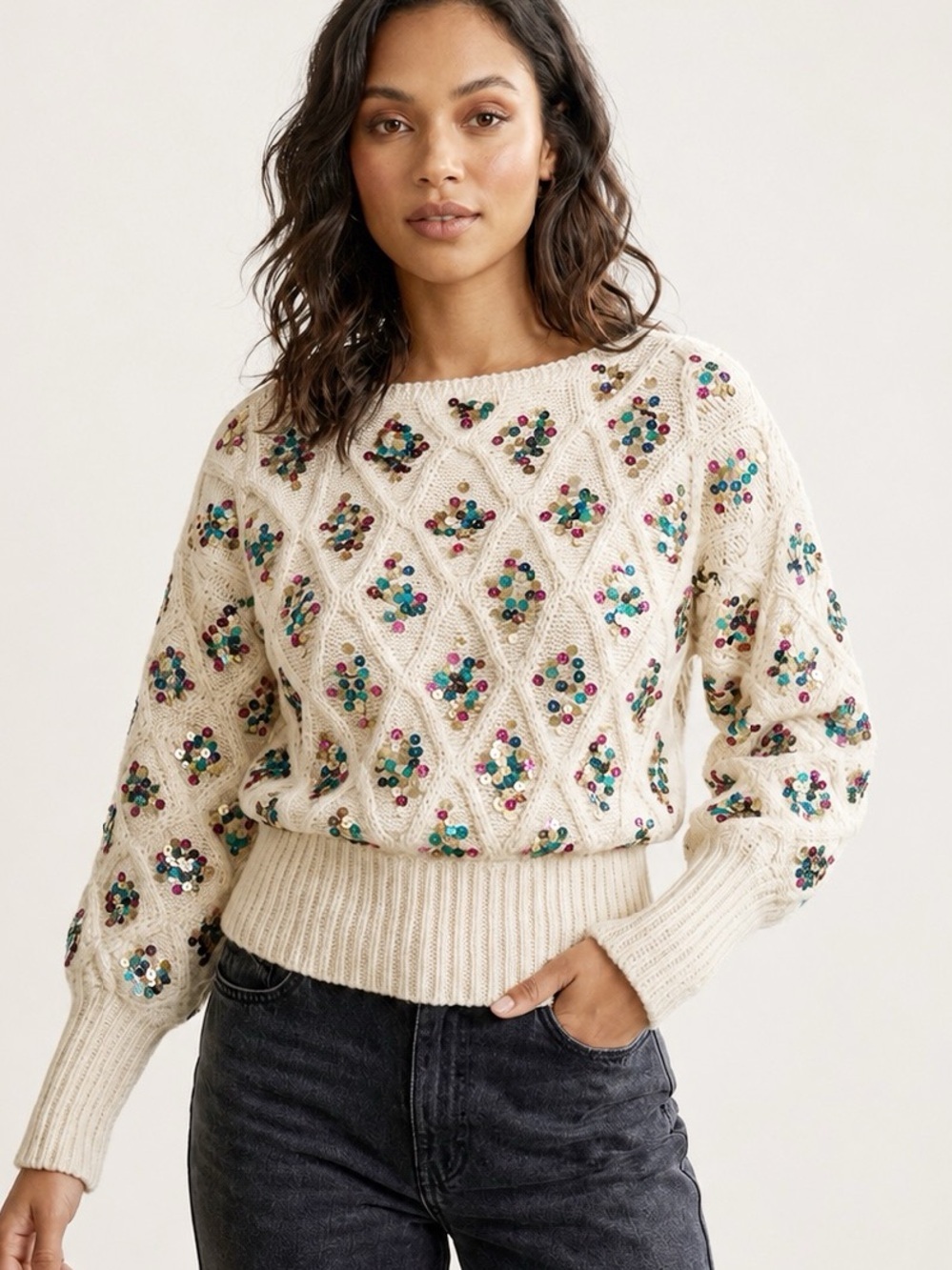 Anthropologie XS Ivory Sequin Cable Knit Sweater Balloon Sleeve Pullover New